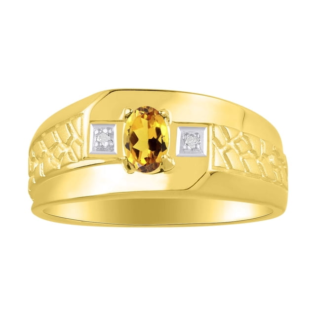 RYLOS Men's Rings 14K Yellow Gold Classic Nugget 6X4MM Oval Gemstone & Diamond Ring Citrine November Birthstone Rings Size 11