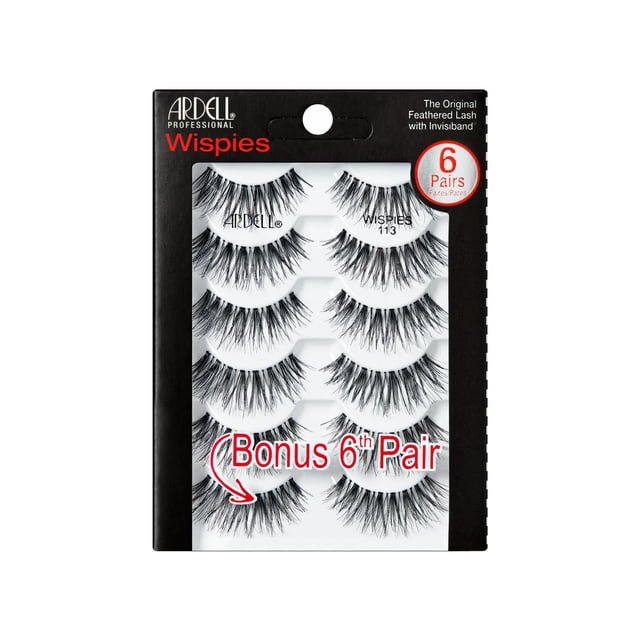 Ardell Multipack Wispies 113 - 6 Pairs of black false eyelashes with medium volume and long length, featuring crisscrossed, feathered fibers and an invisible band for natural, comfortable wear, displayed in black packaging with a bonus sixth pair.