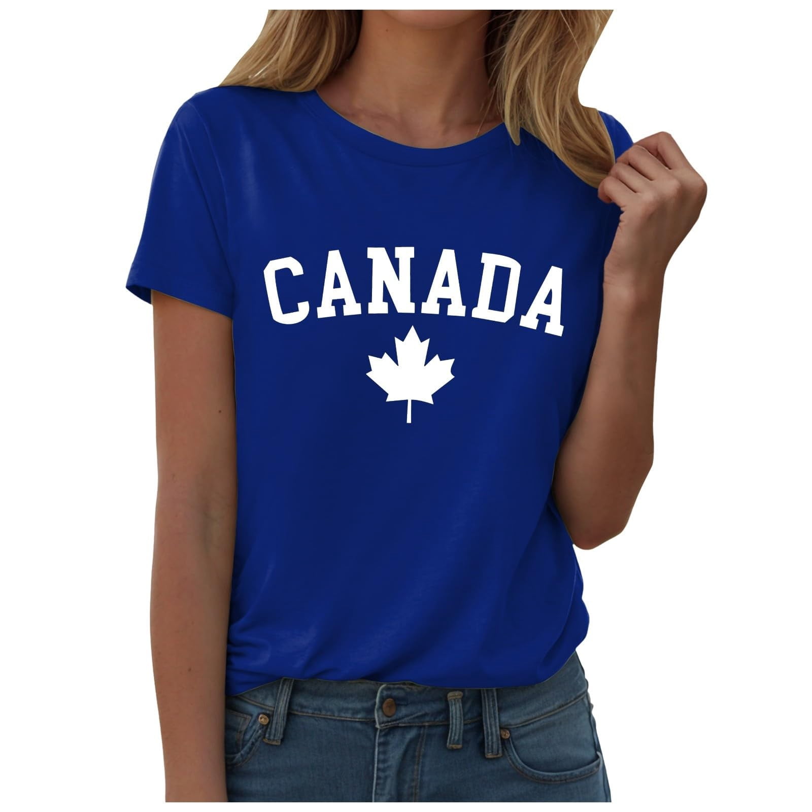 WEIYLL Womens Tshirt Canada Day Letter Maple Leaf Print Blue Tops Sizes L
