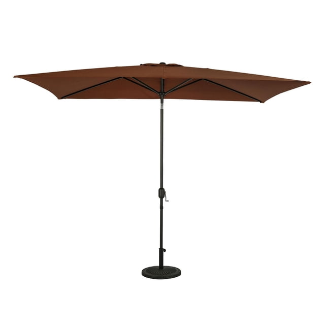Bimini Parasol Rectangulaire de Marché 6,5 Pi x 10 Pi en polyester Couleur Café avec Auvent, Mât en Acier bronze Résistant à la Rouille, six Baleines, Manivelle pour une Ouverture Facile et Fonction Pousser pour Incliner pour une Ombre Réglable, Montré avec une base Ronde Noire, Convient pour Ombrer les tables de patio Extérieur.