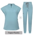 thumbnail image 2 of Ensemble de Sarraus pour Femmes, Haut de Sarrau Extensible à Col Montant et Pantalon Jogger à Cordon avec Multiples Poches, Anti-Froissement, Uniforme de Travail Infirmier, Col Montant, Uniforme Confortable, Bleu Pâle, 2 of 5