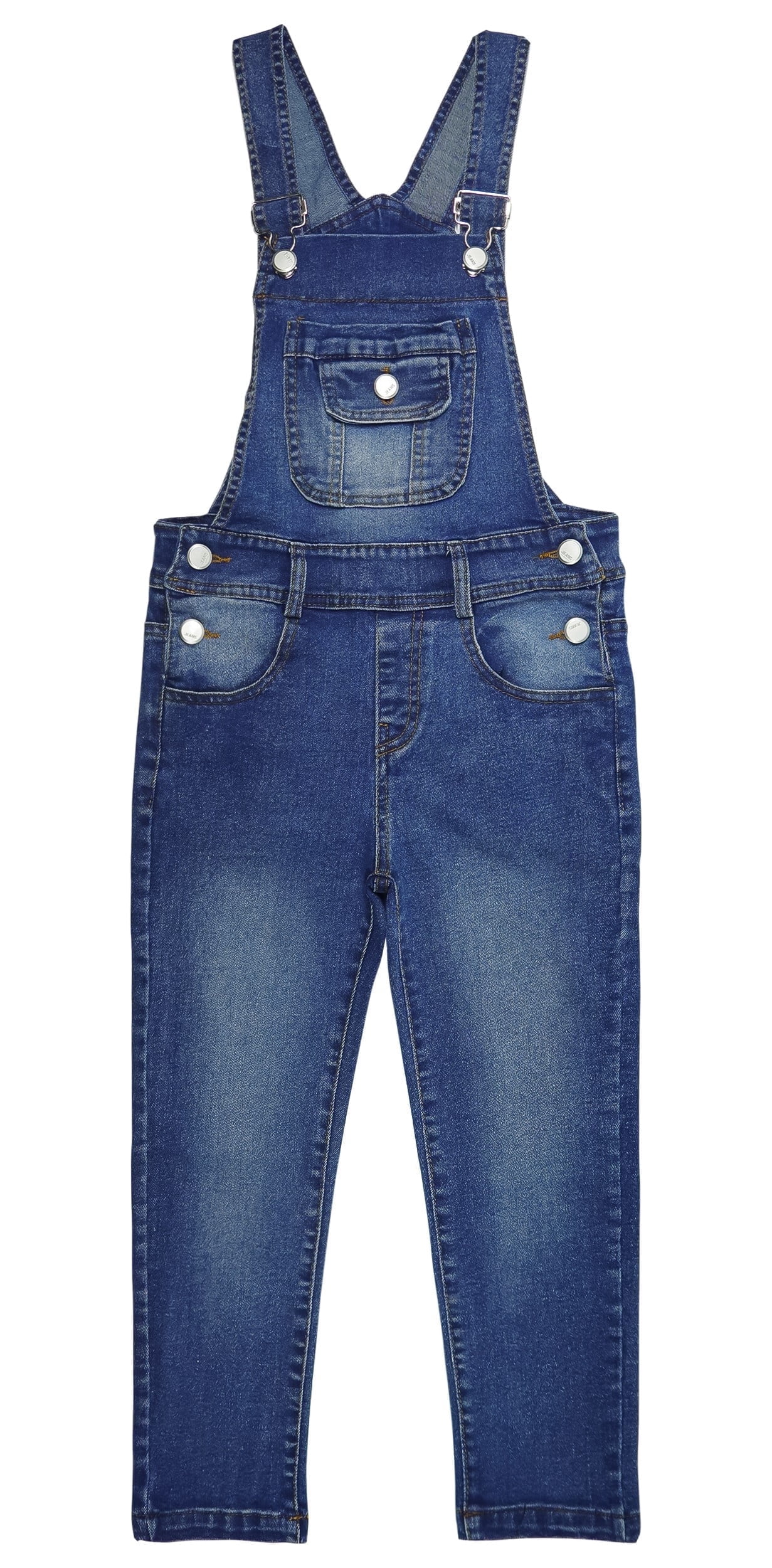 KIDSCOOL SPACE Girls Denim Overalls,Washed Big Bib Flap Pockets Soft Stretchy,Deep Blue,5-6 Years