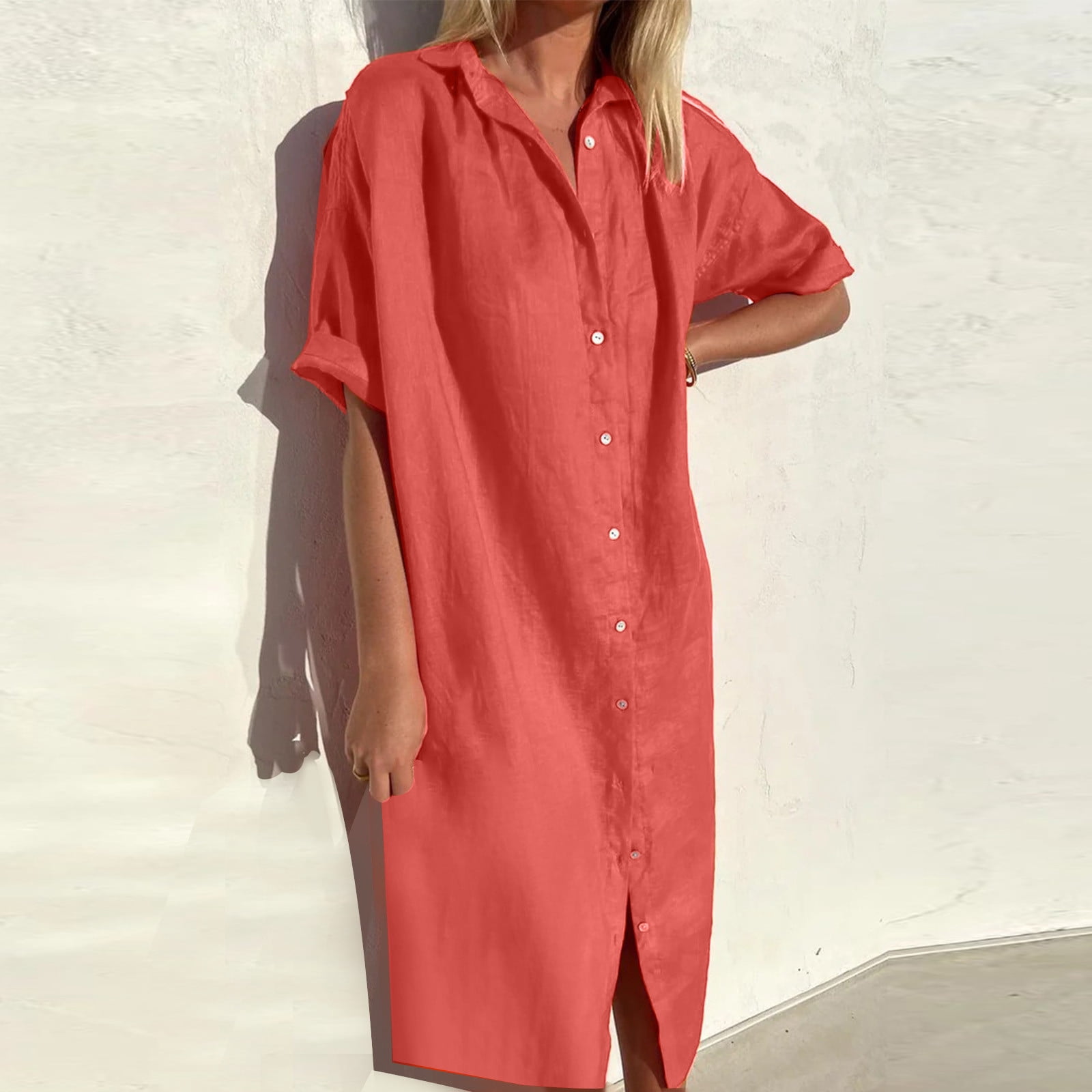 Robe d'Été pour Femmes 2024 Mode Grande Taille Printemps et Col à Revers Robe en Coton et Lin à Boutons Décontractée avec Poche Robe Chemise à Manches Courtes Rabais de 50 % Liquidation!