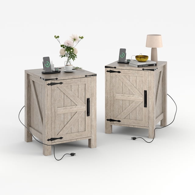 GloryStar Rustic 2-Tier Nightstand with USB Charging, Farmhouse Bedside Table with Sliding Barn Door for Bedroom
