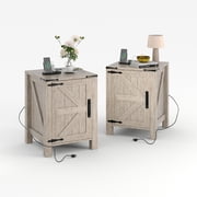 BeesClover Farmhouse Nightstand with USB Charging Station, Rustic Bedside Table with Charging Station & Sliding Barn Door, 18" Modern Two-Tier Nightstand for Bedroom, Night Stand