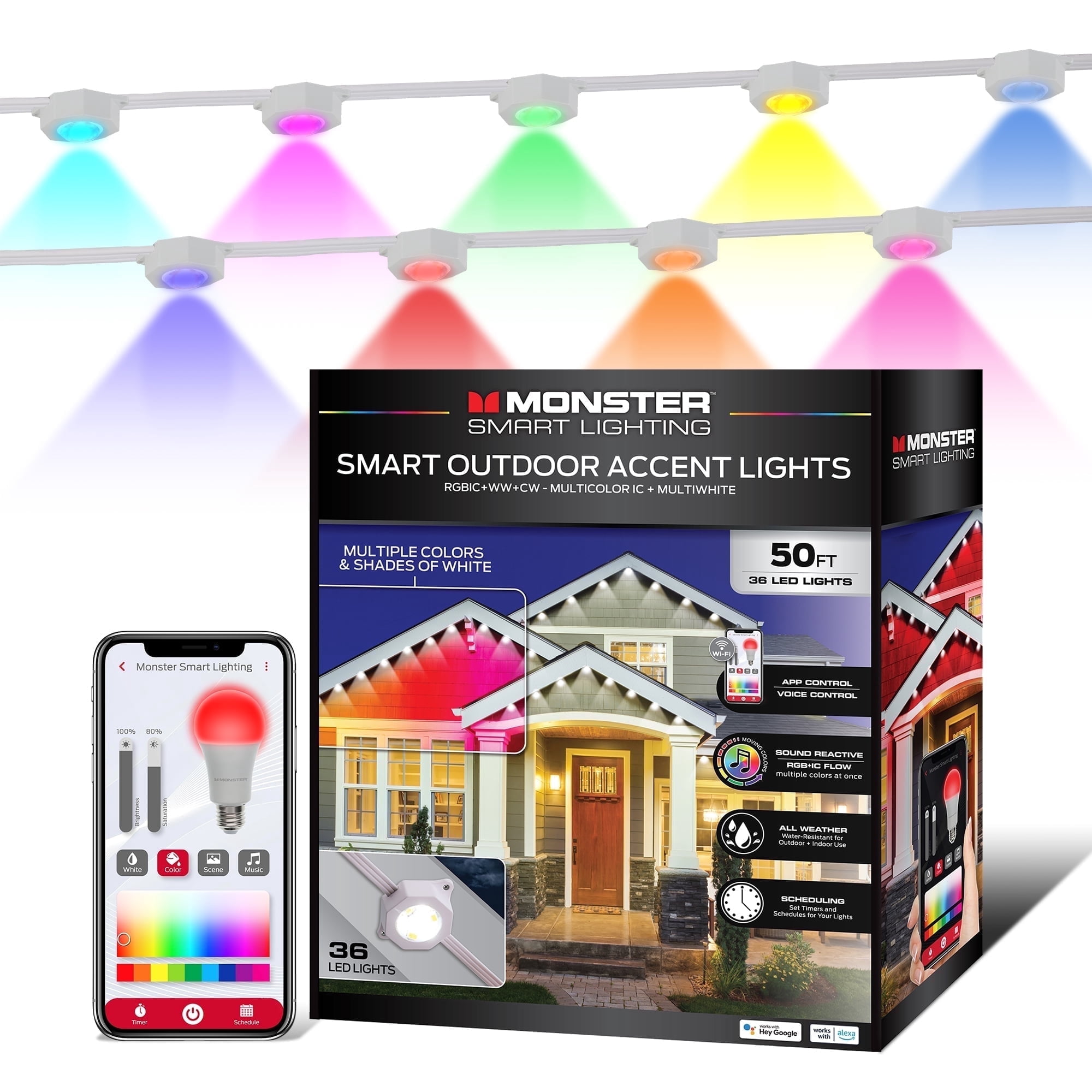 Monster Smart Permanent Outdoor Lights, 50ft, 36 LED RGBIC+ Multiwhite, All-Weather, App & Voice Control, Sound-Reactive, Customizable Lighting with Scheduling & Timer