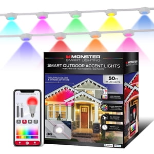 Monster Lumières extérieures permanentes intelligentes, 50ft, 36 LED RGBIC+ Multiblanche, Tout-Météo, App & Commande vocale, éclairage sonore réactif et personnalisable avec calendrier & Minuterie