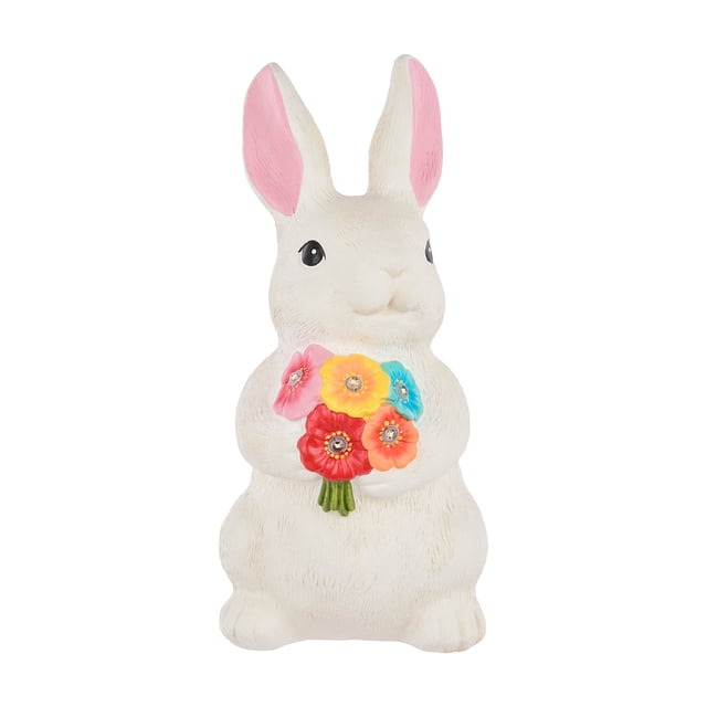 Mainstays Statue de Jardin Bunny Solaire Est un Bunny en Ciment Blanc avec des Oreilles Intérieures Roses Tenant un bouquet Multicolore de Cinq Fleurs DEL à Énergie Solaire en Rouge, Rose, Jaune, orange et Bleu, Debout 10,37 Pouces de Hauteur, Idéal pour la Décoration de Jardin Extérieur Ou de patio.