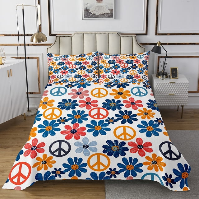 Ensemble de Couvre-Lit Double à Fleurs Groovy pour Filles Boho Hippie avec Signe de Paix, Ensemble de Courtepointe Hippie Bohème à Motif Floral Coloré Rétro, Ensemble de Literie pour Chambre de Garçons et d'Ados