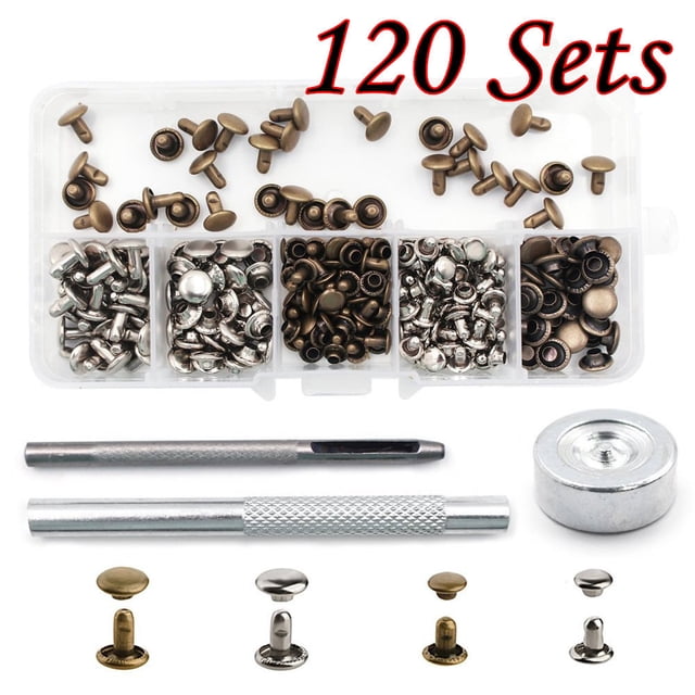 Daisyyozoid Wholesale 120 Ensembles de Rivets en Cuir avec Trousse d'Outils de Fixation Clous Métalliques à Double Capuchon