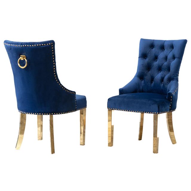 Double Tufted Navy Blue Velvet Side Chairs with Gold Stainless Steel Legs
