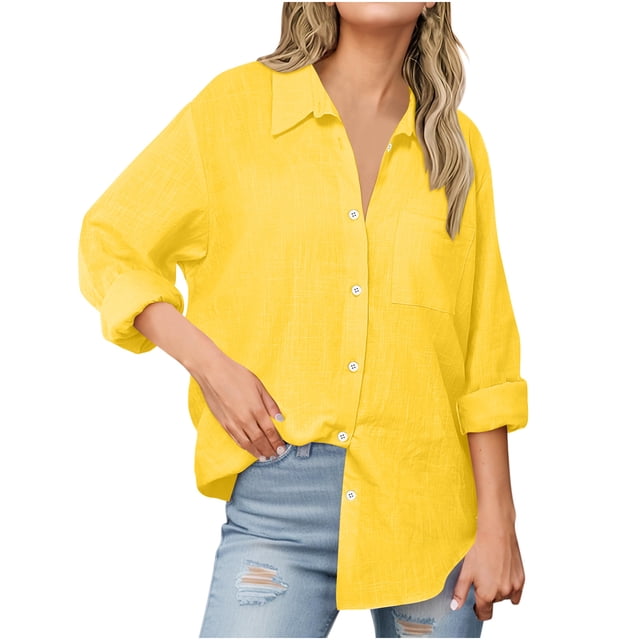 Womens Cotton Linen Button Down Shirts Boyfriend Long Sleeve Oversized Lapel Blouses Tops with Chest Pocket