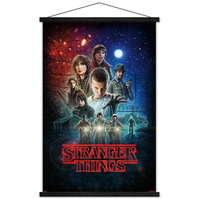 Netflix Stranger Things - One Sheet Wall Poster, 22.375" x 34", depicting illustrated main characters from the series with a starry night sky and full moon. The background features glowing Christmas lights over a wall with alphabet letters, three kids riding bikes with headlights on, and a barbed wire fence with a restricted area sign and shadowy figure. The red neon Stranger Things logo is at the bottom.