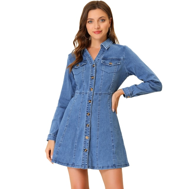 INSPIRE CHIC Robe-Chemise en Denim pour Femme à Boutons, Col en V, Manches Roulées, Bleu Pâle, S
