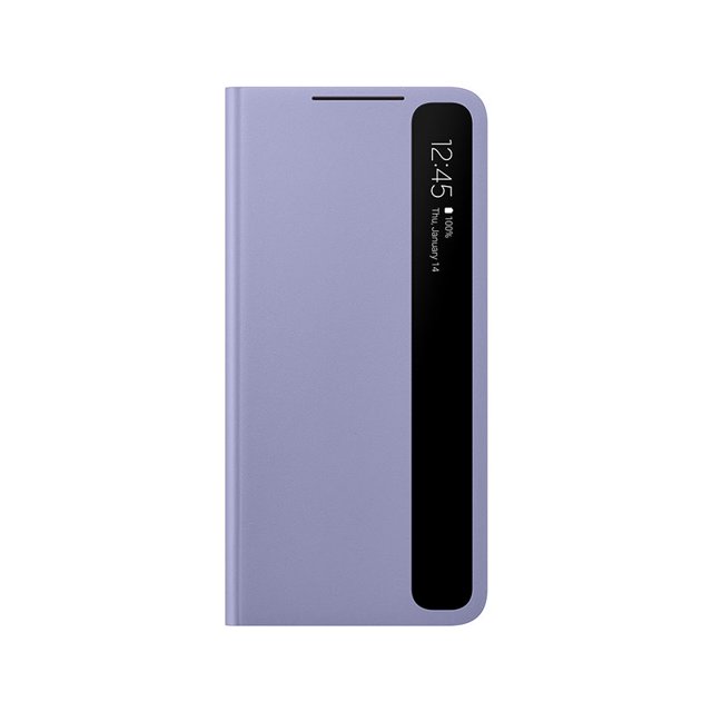 For Samsung S21 Smart View Flip Mirror Case in purple, designed for Galaxy S21 Plus and S21 Ultra 5G. This flip case features a plain design with an LED S-View display for quick notifications. Compatible with Samsung devices, model EF-ZG998.