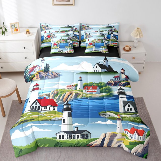 Erosebridal Nature Lighthouse Bed in a Bag Full size, Rustic Lake Bed Set, Mountain Decor, Reversible 7pcs