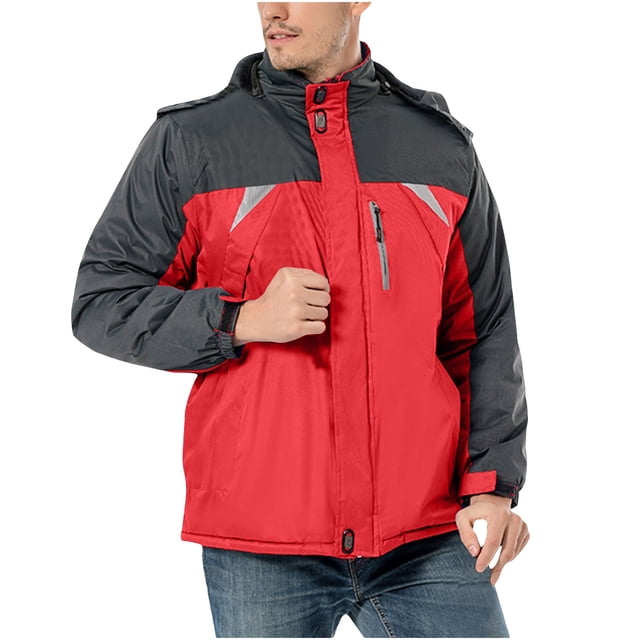 WRKEKC Men's Color Block Fleece Jacket with Detachable Zipper and Multiple Pockets, Outdoor Sportswear Coat for All Weather Activities Red XXL