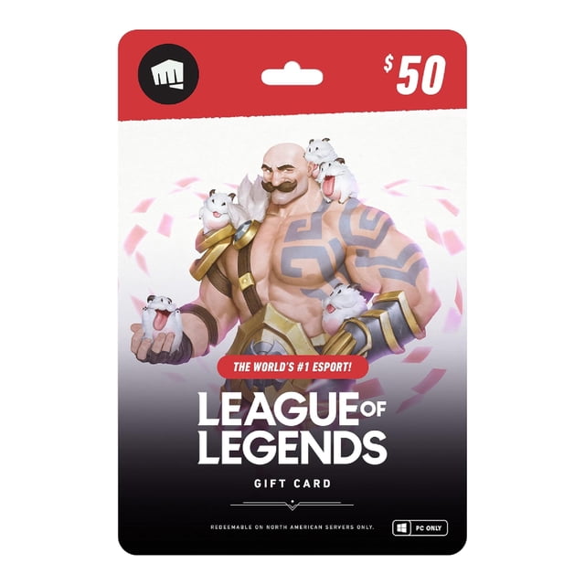 Riot League of Legends Carte-Cadeau Numérique de 50 $ Mettant en Vedette un champion Musclé avec des Tatouages Tribaux Bleus et des Sangles d'Armure Dorées, Entourée de Petites Créatures Poro Blanches, avec un En-tête Rouge Affichant la Valeur de 50 $ et le logo des Jeux Émeutes, Échangeable sur les Serveurs PC Nord-Américains Seulement.