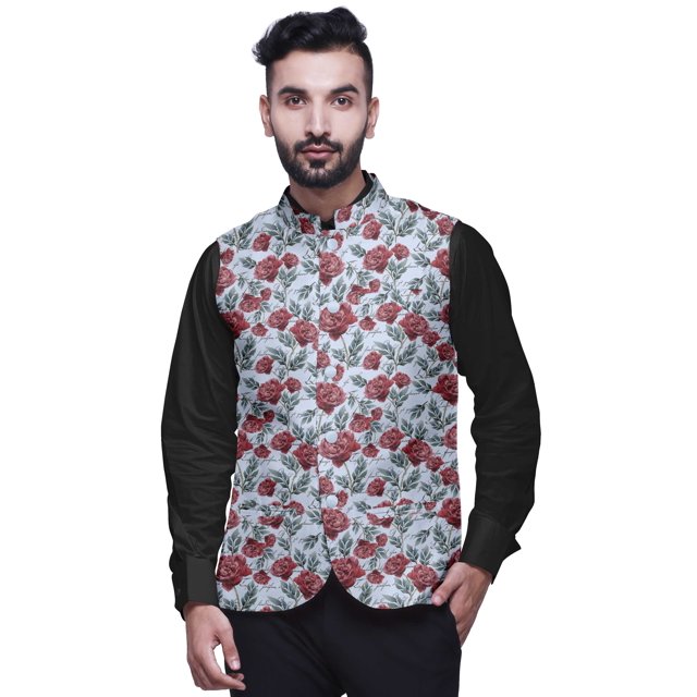 Atasi Floral Printed Wedding Jackets For Men Nehru Jacket Waist Coat For Festive Season-X-Large