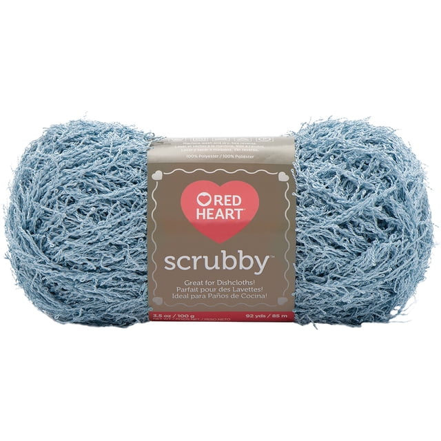 Red Heart® Scrubby™ Yarn in light blue polyester, medium #4 weight, 3.5oz/100g skein with 92 yards, designed for knit or crochet dishcloths and washcloths, quick-drying polyester texture, machine washable, also suitable for exfoliating washcloths.