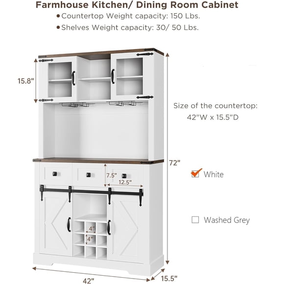 72" Farmhouse Bar Cabinet with Sliding Barn Door, Tall Kitchen Buffet with Storage Hutch and 3 Drawer, Rustic Coffee Wine Bar Sideboard with Wine & Glasses Rack, for Living Room, Washed White
