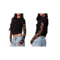 thumbnail image 3 of Women'S T-Shirt Slim Fit Lace Panel Sleeves Crop Top with Thumb Hole Round Neck Y2K Style for A Trendy Look Black S, 3 of 7