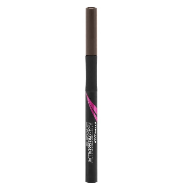 Maybelline New York Eyestudio® Master Precise®, All Day Liquid Eye Liner in Forest Brown, 1 ml, upright slim black tube with brown cap, pink diagonal accent, and white branding, offering precise, waterproof, smudge-proof liquid eyeliner lasting up to 12 hours, suitable for sensitive eyes and contact lens wearers.