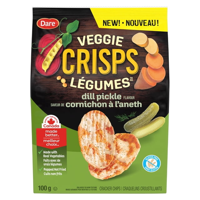 Dare Veggie Crisps Dill Pickle, 100g front-facing bag with green-and-yellow branding, labeled popped (not fried) veggie crisps made from peas, beets and sweet potato, gluten-free and plant-based, suitable for lunchboxes or party bowls.