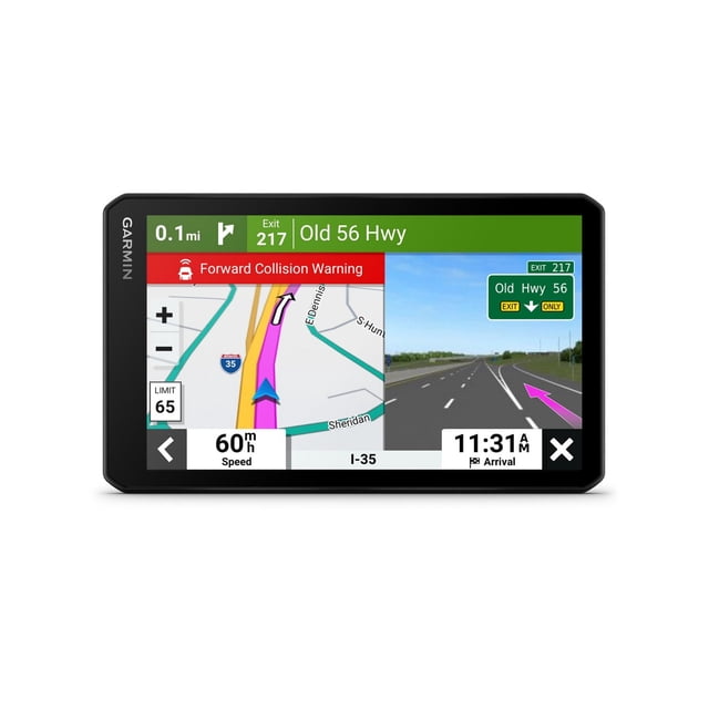 Garmin DrivecamTM 76 Navigateur GPS à Écran 7 Po avec Caméra de Tableau de Bord Intégrée Affichant un Écran Séparé avec une Carte Mettant en Valeur un Itinéraire sur L'I-35 Incluant un Avertissement de collision vers l'Avant et une Limite de Vitesse de 65 Mi/h à Gauche, et un Guidage de Voie pour la Sortie 217 vers l'Ancienne 56 Autoroute avec une Flèche Violette à Droite, Affiché sur un Appareil Rectangulaire Noir avec la Marque Garmin du Côté Gauche.