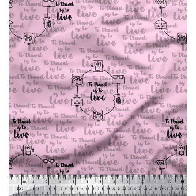 Soimoi Pink Velvet Fabric To Travel Is To Live Text Print Fabric by the Yard 58 Inch Wide