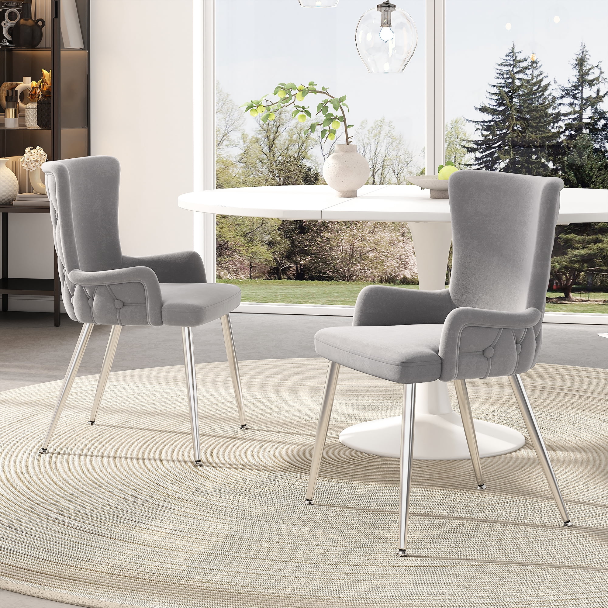 Noble House Ensemble de Salle à Manger Pcs, Table Ronde Extensible Blanche pour –6 avec Chaises en Velours, Pieds en Métal Dor