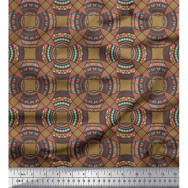 Soimoi Brown polyester Crepe Fabric Mandala Geometric Printed Craft Fabric by the Yard 52 Inch Wide