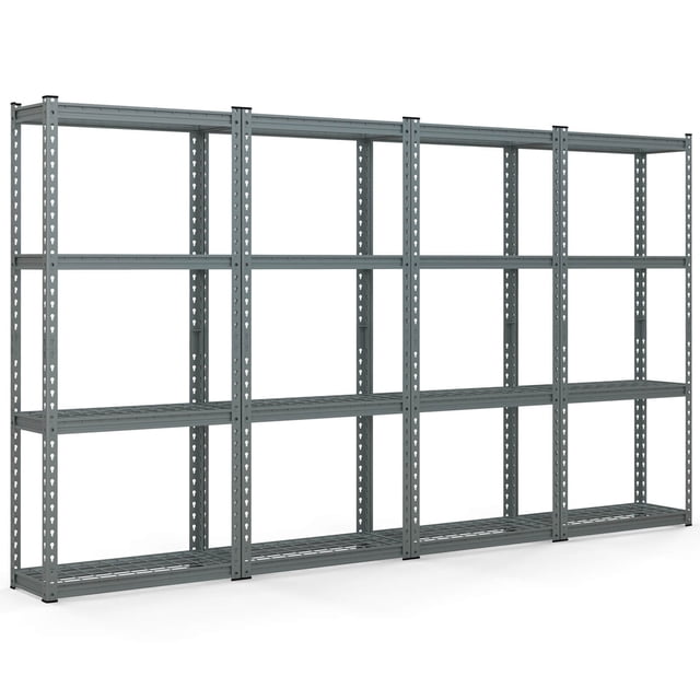 Costway 4 PCS 4-Tier Metal Shelving Unit in grey, designed for garage storage and organization. Features heavy-duty wire racks with adjustable tiers, anti-slip foot pads, and a sturdy powder-coated metal frame resistant to rust and water. Ideal for storing tools, appliances, books, or kitchen items.