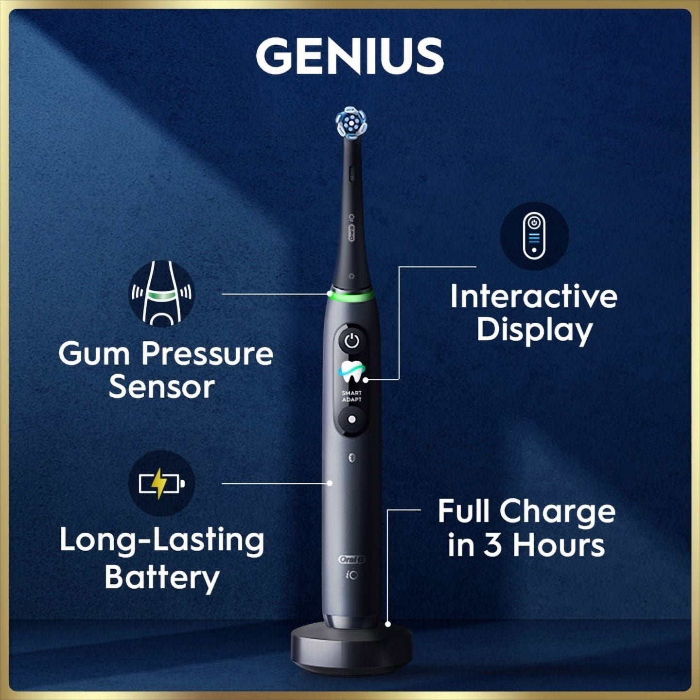 Brosse à dents électrique rechargeable Oral-B, iO9 Genius, 7 modes de nettoyage, écran interactif, étui de voyage avec chargeur intégré, détecteur de pression visible, 4 brossettes, bleu saphir