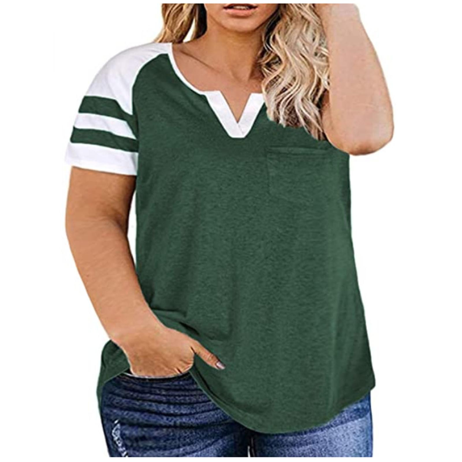 Blouse d'Été à Manches Courtes Grande Taille pour Femmes Hauts Grande Taille pour Femmes d'Été T-Shirts à Col en V T-Shirts Raglan à Blocs de Couleur T-Shirt à Col en V pour Femmes en Liquidation
