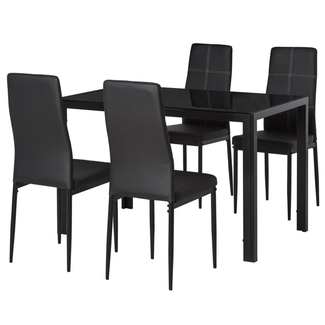 HOMCOM Ensemble de Table à Manger pour 4, Ensemble de Salle à Manger Moderne avec une Table Rectangulaire en Verre Trempé Supportée par des Pieds en Métal Noir et Quatre Chaises Ergonomiques. les Chaises Dotées de Dossiers Hauts et d'Un Revêtement Rembourré en Cuir PU pour le Confort et l'Élégance. Compact et Pratique, Ce Mobilier de Cuisine Est Idéal pour les Petits Espaces comme les Salles à Manger Ou les Coins de Cuisine, Parfait pour les Coins-Déjeuners Ou les Repas Décontractés.