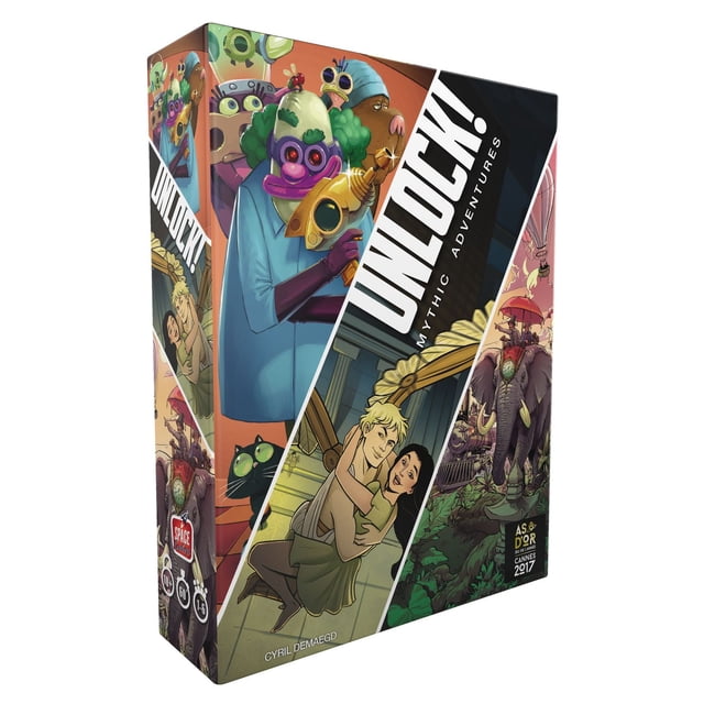 UNLOCK! - MYTHIC ADVENTURES cooperative card game box featuring colorful illustrations including a green-haired clown with a golden ray gun, a black cat with green eyes, a couple embracing near a mechanical device, and an elephant with a clock on its forehead in a jungle setting, with Space Cowboys branding and Cannes 2017 award.