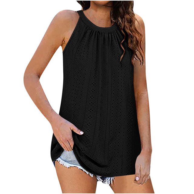 Timegard Camisole à Oeillets pour Femmes Col Rond Froncée Sans Manches Confortable Décontractée T-Shirts Été