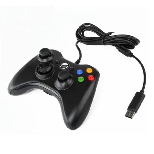 Manette de Jeu Filaire, une Manette Filaire Noire avec Prise Ergonomique et Connexion USB, Conçue pour le Jeu sur PC. Comprend des sticks Analogiques Doubles, un Pavé Directionnel, des Boutons d'Action Colorés et une Fonctionnalité plug-and-play. Compatible avec PC360, P3 et Autres Appareils. Comprend un Câble de Connexion.