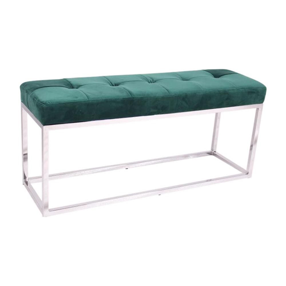 Banc Irene en bleu, banc en velours bleu, banc en acier inoxydable, banc poli, banc en velours, banc capitonné, banc d'entrée