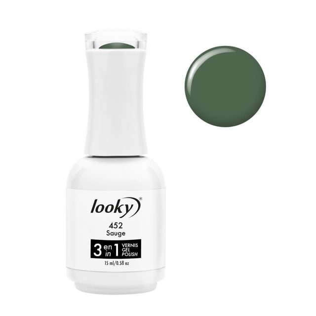 Looky 3-in-1 Gel Nail Polish 15ml in shade 452 Sauge, a white bottle with combined base, color, and top coat formula. The deep muted green gel polish swatch shows its quick UV LED curing and long-lasting salon-quality finish.