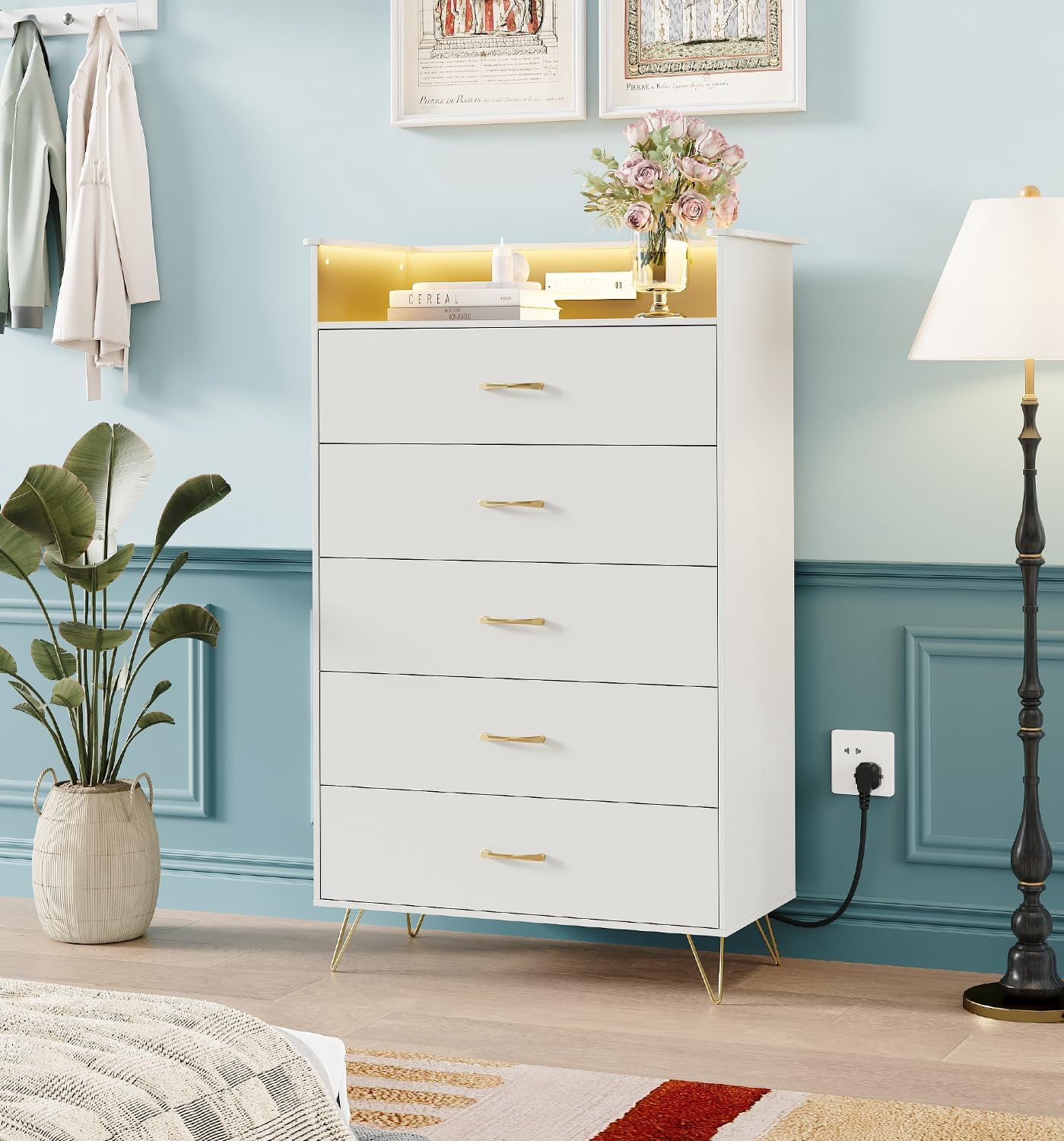 5-Drawer Tall Dresser with Silent Closing Drawers Water-Resistant White Chest for Bedroom Closet Hallway