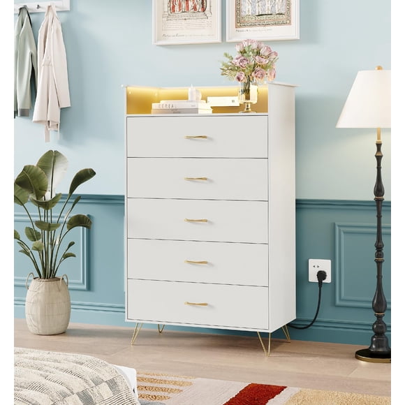 Modern 5-Drawer Tall Dresser for Bedroom, Wood Chest of Drawers with Silent Closing Slides, Water-Resistant White Storage Organizer for Hallway, Closet