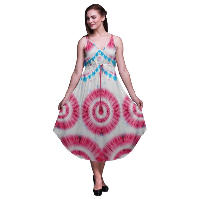 Bimba Robe Midi de Plage Imprimée Teinture sur Nœuds pour Femmes Bretelles Tenue d'Été-TTG