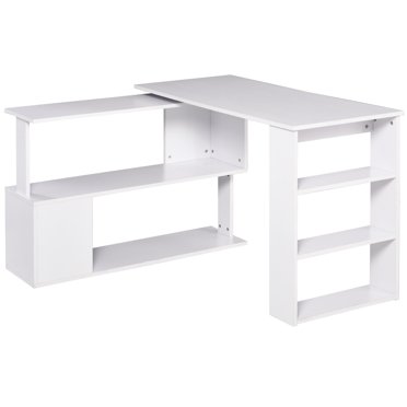 HOMCOM 360° Rotating Corner Desk PC Laptop Workstation Storage Shelf White