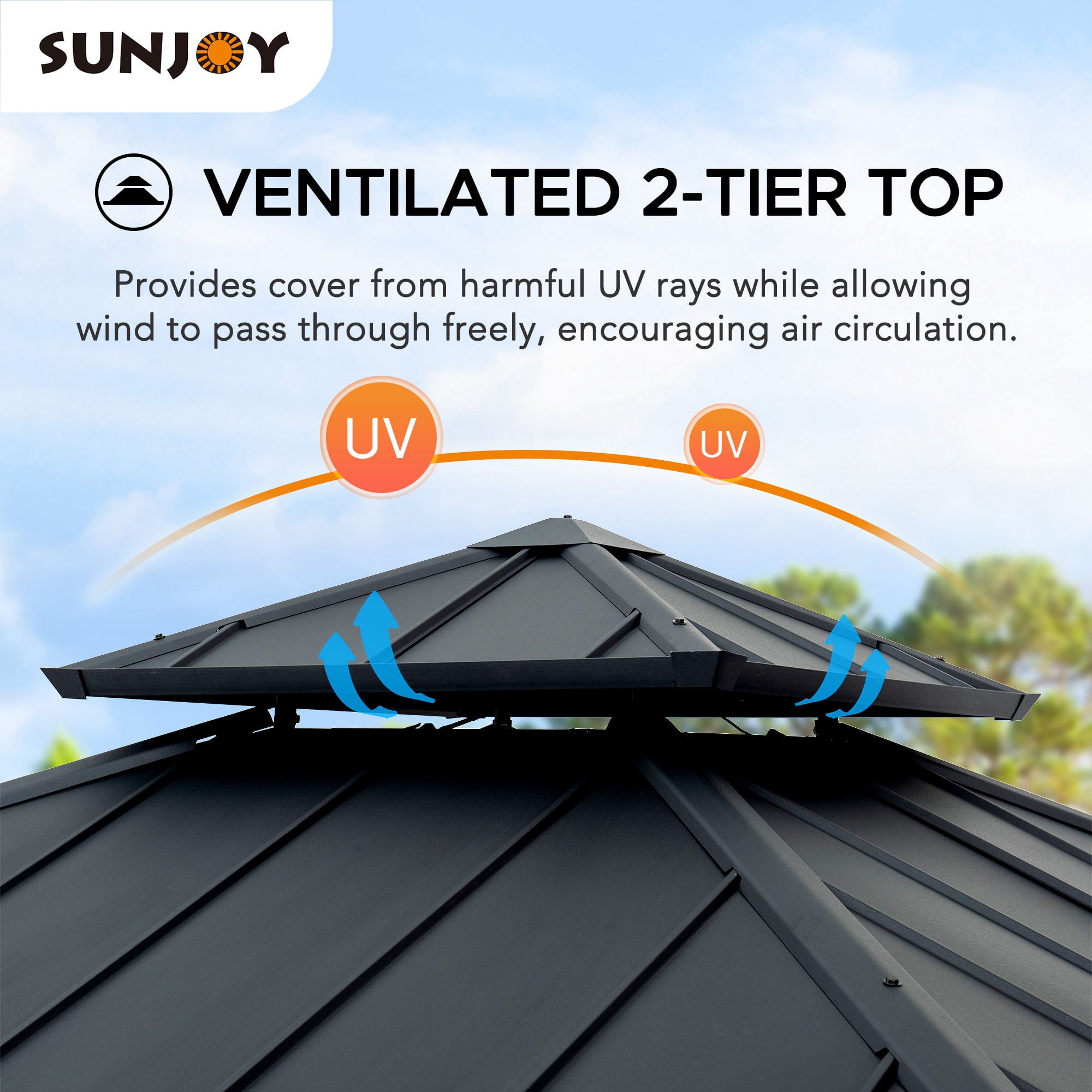 Sunjoy Tonnelle Gazebo Belvédère 10 pi x 10 pi avec toit rigide à 2 niveaux