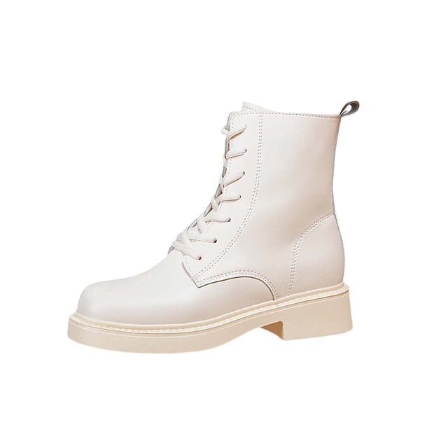 LOVZFMLL Bottes pour Femmes Mi-Mollet Bottes de Combat à Lacets Bout Rond Sangles Ajustables Talon Bas Épais Style Français Automne Hiver