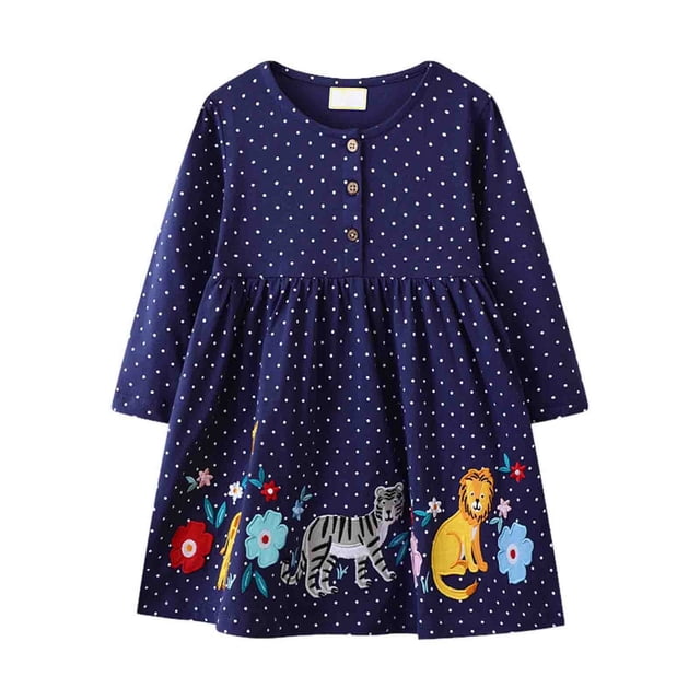 MIASHUI Robe Fleurie à Manches Longues pour Filles, Robes Décontractées pour Tout-Petits, Bleu Foncé, 1-2 Ans