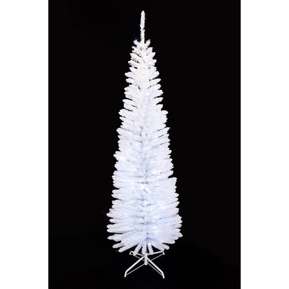 Arbre de Noël Crayon Blanc de 6 Pieds Pré-Illuminé avec Lumières DEL Blanc Froid (6 Pi Blanc Pur)
