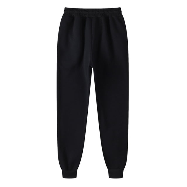 Yuyuzo Plus Size Sweatpants for Women featuring a thick fabric design, elastic waistband with drawstring, and solid black color. These workout jogging pants have a relaxed fit with cuffed ankles, suitable for casual wear or exercise. Available in various sizes with waist measurements ranging from 74cm to 104cm and lengths from 100cm to 110cm.